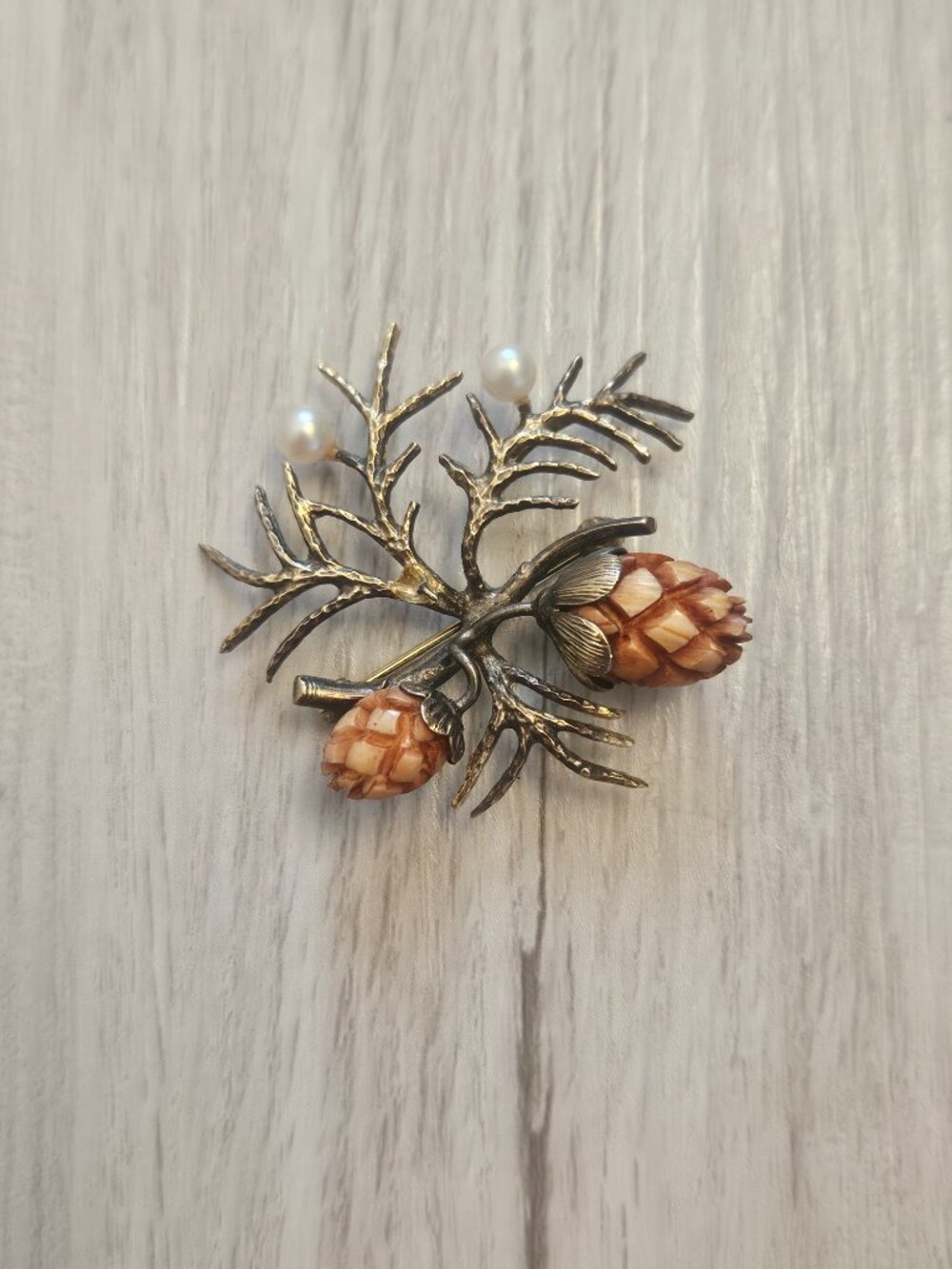 Wells Sterling Vintage Pinecones on Branch With Peatls Brooch Pin